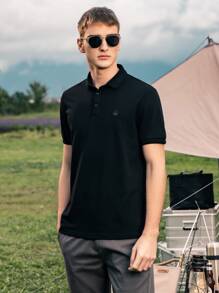 男士圖案印花前紐扣POLO衫 - 黑色 - 查看 4