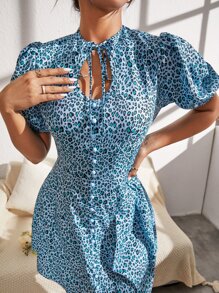 SHEIN Unity Đầm Thắt nơ trước Nút phía trước Tất cả trên in Boho - Nhiều màu - Xem 1