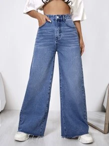 Jeans de talle alto de pierna ancha - Azul lavado medio - Ver 1