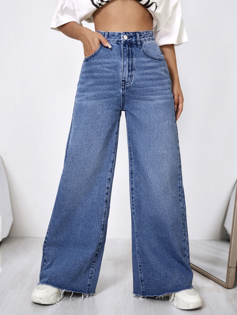 Jeans de talle alto de pierna ancha - Azul lavado medio - Ver 1