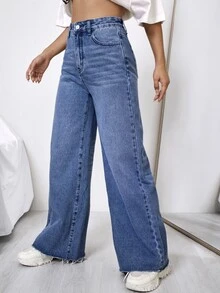 Jeans de talle alto de pierna ancha - Azul lavado medio - Ver 3