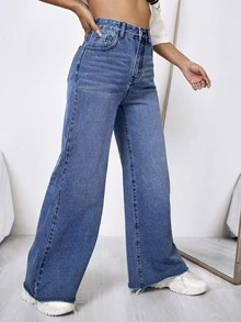 Jeans de talle alto de pierna ancha - Azul lavado medio - Ver 4
