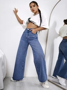 Jeans de talle alto de pierna ancha - Azul lavado medio - Ver 5