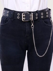 Cinturón Y2K con cadena para mujer, decoración con ojales negros, hebilla de Metal, 1 pieza - Negro - Ver 2
