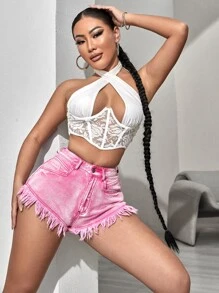 SHEIN SXY 毛邊拉鏈門襟牛仔短褲 - 粉色 - 查看 3