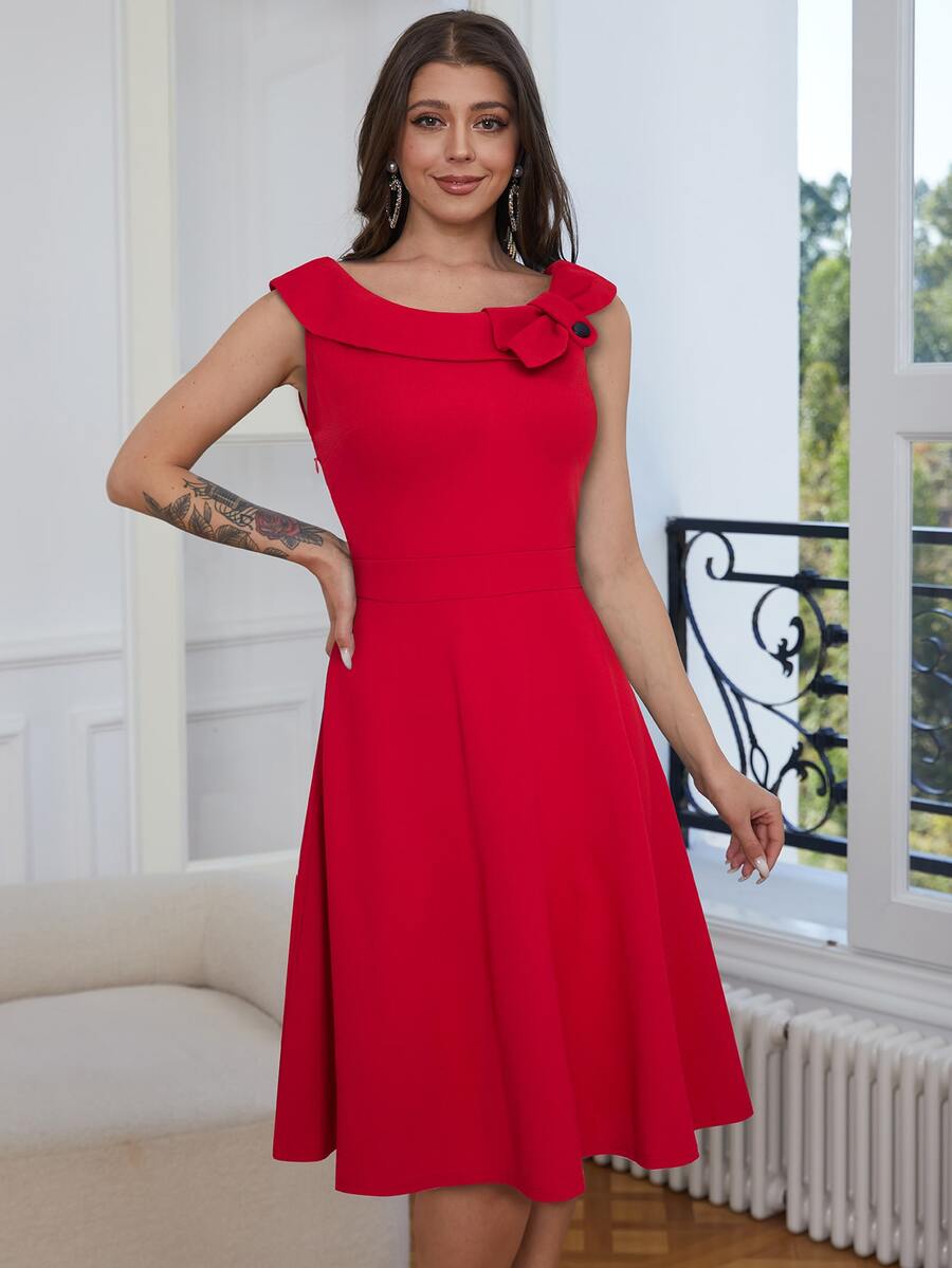 前大蝴蝶結A字洋裝 - 紅色 - 查看 1