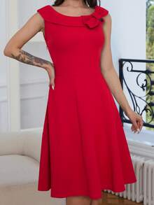 前大蝴蝶結A字洋裝 - 紅色 - 查看 4