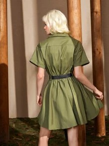 SHEIN EZwear Letter Patch Button Front Buckle Belted Dress - Army Green - View 4