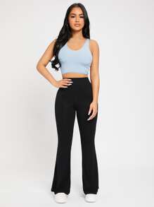 SHEIN PETITE High Waist Flare Leg Trousers - Black - View 4