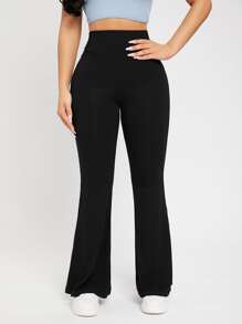 SHEIN PETITE High Waist Flare Leg Trousers - Black - View 5
