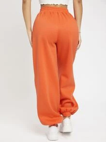 SHEIN PETITE 熒光橙彈性腰帶束腳褲 - 橘色 - 查看 2