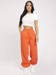 SHEIN PETITE 熒光橙彈性腰帶束腳褲 - 橘色 - 查看 3