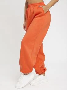 SHEIN PETITE 熒光橙彈性腰帶束腳褲 - 橘色 - 查看 5