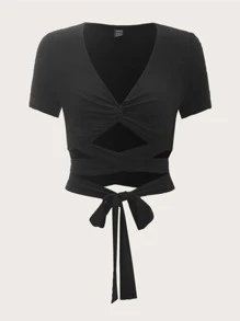 SHEIN ICON Áo nữ Hội Chữ thập Buộc lại xoắn lại màu trơn Gợi cảm - màu đen - Xem 1