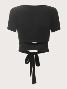 SHEIN ICON Áo nữ Hội Chữ thập Buộc lại xoắn lại màu trơn Gợi cảm - màu đen - Xem 2