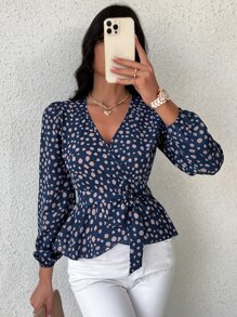 SHEIN Essnce 隨機斑點印花燈籠袖腰帶襯衫 - 藏蓝色 - 查看 1