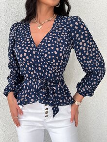 SHEIN Essnce 隨機斑點印花燈籠袖腰帶襯衫 - 藏蓝色 - 查看 5