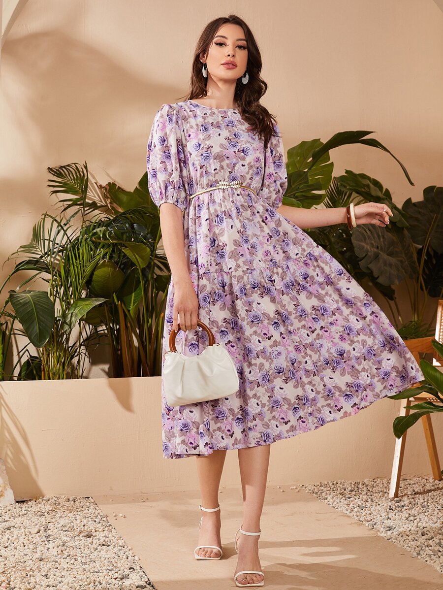 Seusyu Floral Puff Sleeve Keyhole Back Dress Without Belt - Multicolor - View 1