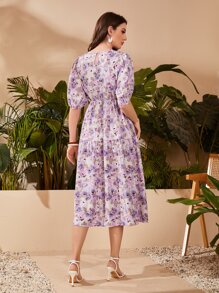 Seusyu Floral Puff Sleeve Keyhole Back Dress Without Belt - Multicolor - View 2