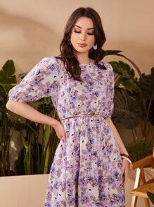 Seusyu Floral Puff Sleeve Keyhole Back Dress Without Belt - Multicolor - View 3
