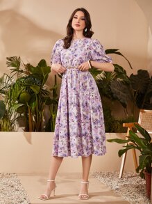 Seusyu Floral Puff Sleeve Keyhole Back Dress Without Belt - Multicolor - View 6