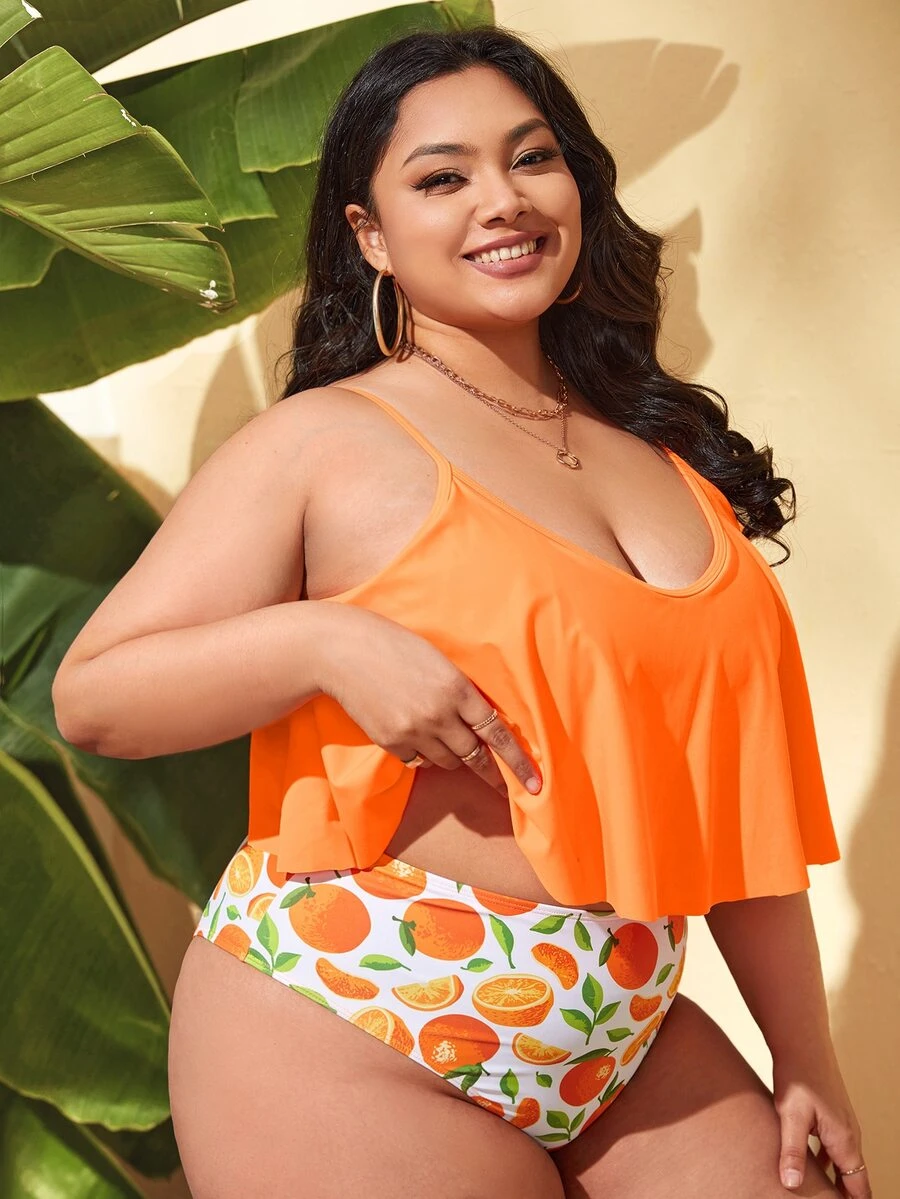 Plus Size Orange Print Ruffle Hem High Waisted Tankini Summer Beach - Multicolor - View 1