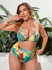 Plus Size Tropical Print Halter High Waisted Bikini Set Summer Beach - Multicolor - View 1