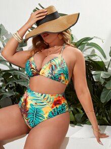 Plus Size Tropical Print Halter High Waisted Bikini Set Summer Beach - Multicolor - View 4