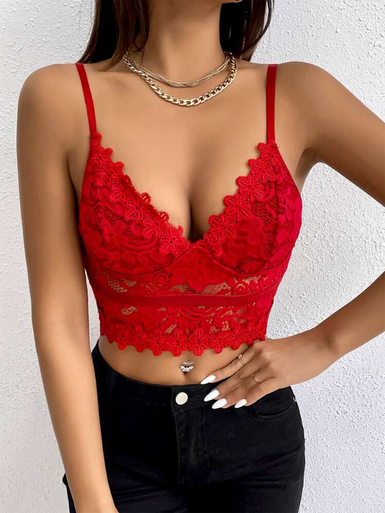SHEIN Allurite Guipure Lace Crop Cami Top For New Year Holiday Party Clothes - Red - View 1