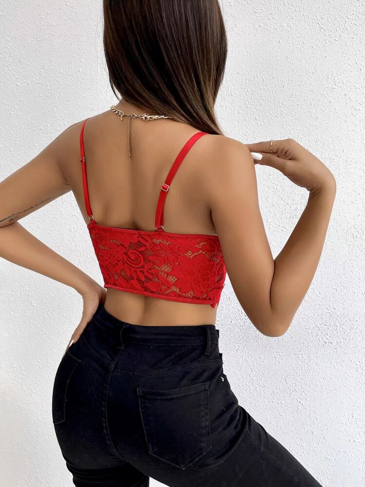 SHEIN Allurite Guipure Lace Crop Cami Top For New Year Holiday Party Clothes - Red - View 2