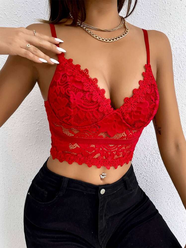 SHEIN Allurite Guipure Lace Crop Cami Top For New Year Holiday Party Clothes - Red - View 4