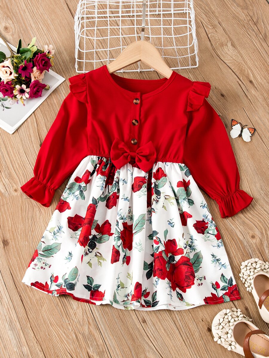 Toddler Girls Floral Print Bow Front Ruffle Trim Dress - Red and White - View 1