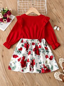 Toddler Girls Floral Print Bow Front Ruffle Trim Dress - Red and White - View 2