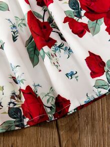 Toddler Girls Floral Print Bow Front Ruffle Trim Dress - Red and White - View 3