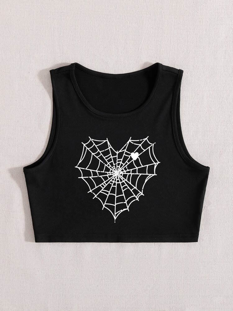 Flirla Heart And Spider Web Print Crop Tank Top Graphic Tees Women Tops - Black - View 4