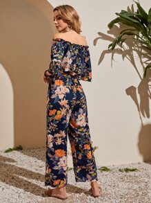 SHEIN VCAY 印花斜插口袋一字肩腰帶連身褲 - 彩色 - 查看 2