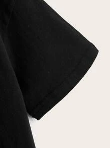 SHEIN 少年夏季休閒針織短袖圓領太空人圖案寬鬆T卹，反光肖像印花 - 黑色 - 查看 5