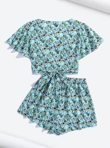 Kathleen Illustrates 滿版印花圍裹荷葉邊上衣和短褲套裝 - 彩色 - 查看 2