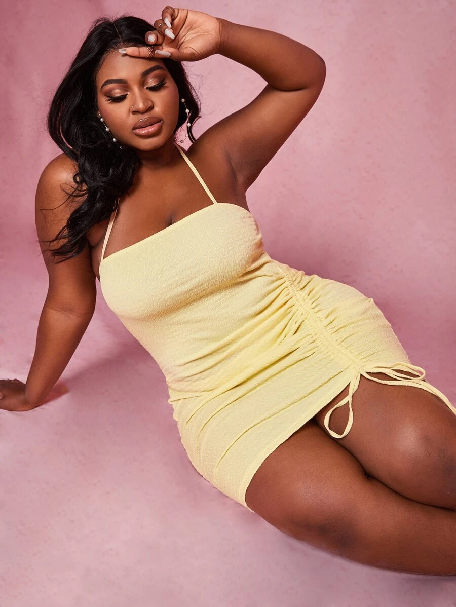 Slaydiva Đầm Plus Size Lộ Lưng Dây kéo Xù màu trơn Gợi cảm - Màu vàng - Xem 1