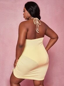 Slaydiva Đầm Plus Size Lộ Lưng Dây kéo Xù màu trơn Gợi cảm - Màu vàng - Xem 2