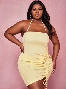 Slaydiva Đầm Plus Size Lộ Lưng Dây kéo Xù màu trơn Gợi cảm - Màu vàng - Xem 3