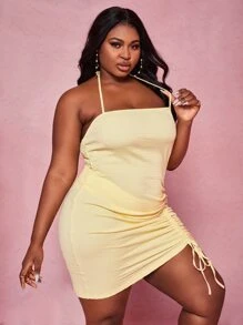Slaydiva Đầm Plus Size Lộ Lưng Dây kéo Xù màu trơn Gợi cảm - Màu vàng - Xem 5
