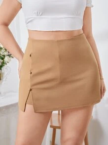 SHEIN Privé Plus Solid Slit Hem Skort - Camel - View 1