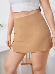 SHEIN Privé Plus Solid Slit Hem Skort - Camel - View 3