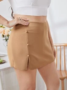 SHEIN Privé Plus Solid Slit Hem Skort - Camel - View 5