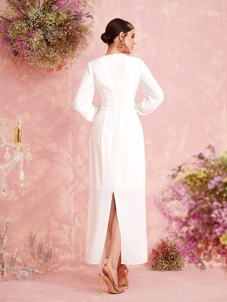 Chevron Contrast Sequin Lantern Sleeve Dress