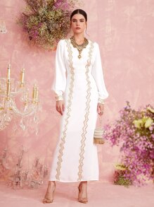 Al Najma Chevron Contrast Sequin Lantern Sleeve Dress