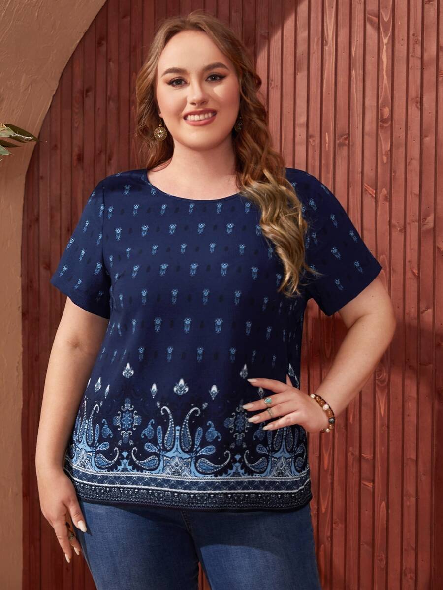 EMERY ROSE 大碼佩斯利印花大圓領襯衫 - 藏蓝色 - 查看 1