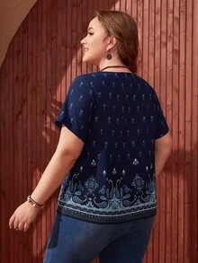 EMERY ROSE 大碼佩斯利印花大圓領襯衫 - 藏蓝色 - 查看 2