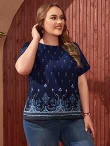 EMERY ROSE 大碼佩斯利印花大圓領襯衫 - 藏蓝色 - 查看 3